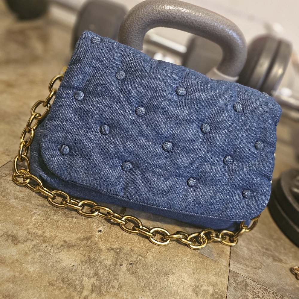 Blue Quilted Handbag with Gold Chain